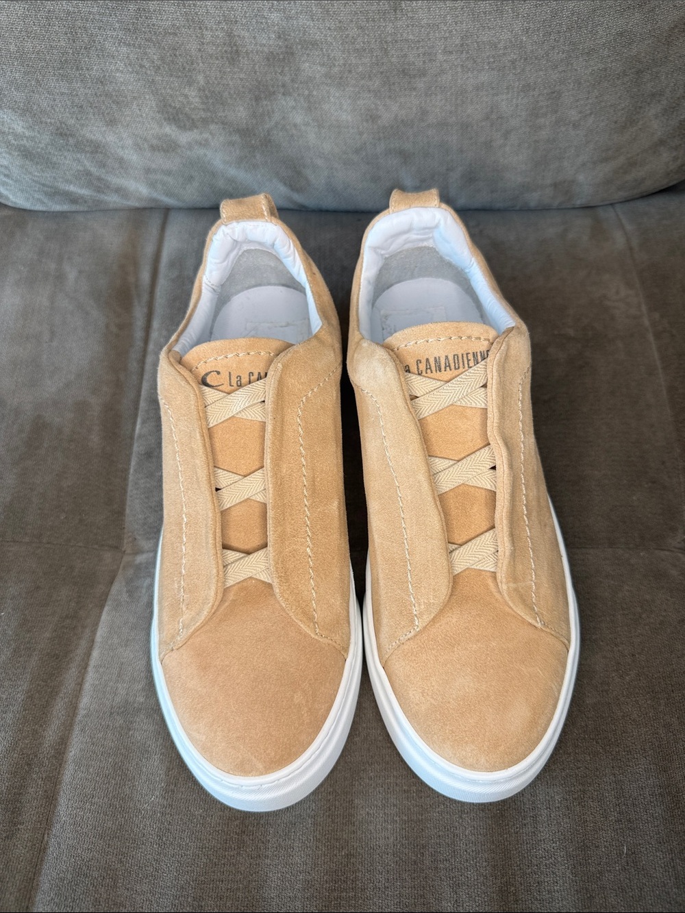 La CANADIENNE Tan Suede Slip-On Sneakers with White Sole